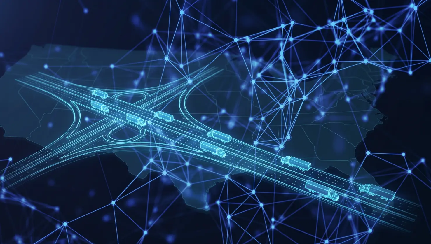 Digital freight network illustration with highways, trucks, and connected smart freight nodes