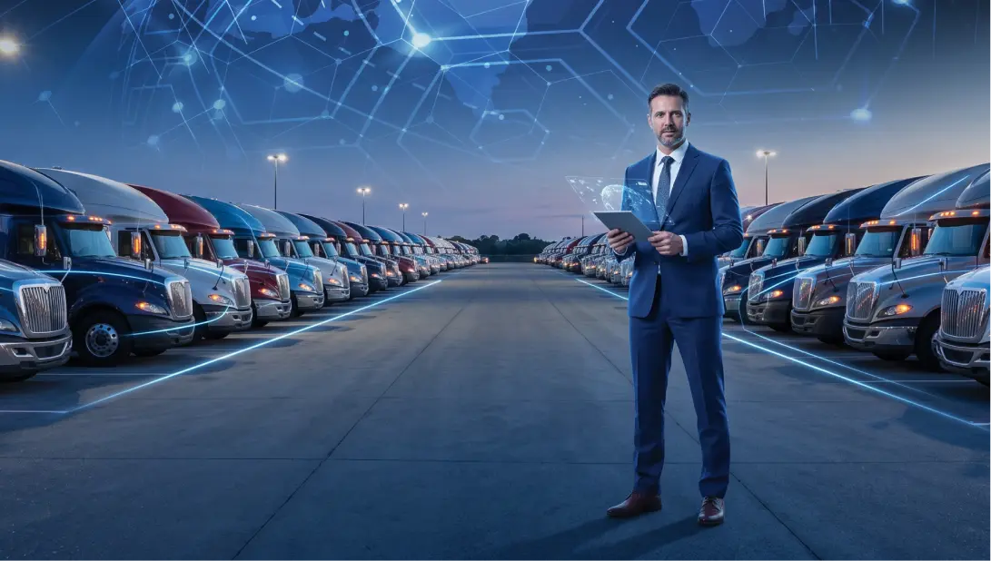 A business professional standing between rows of trucks in a freight yard